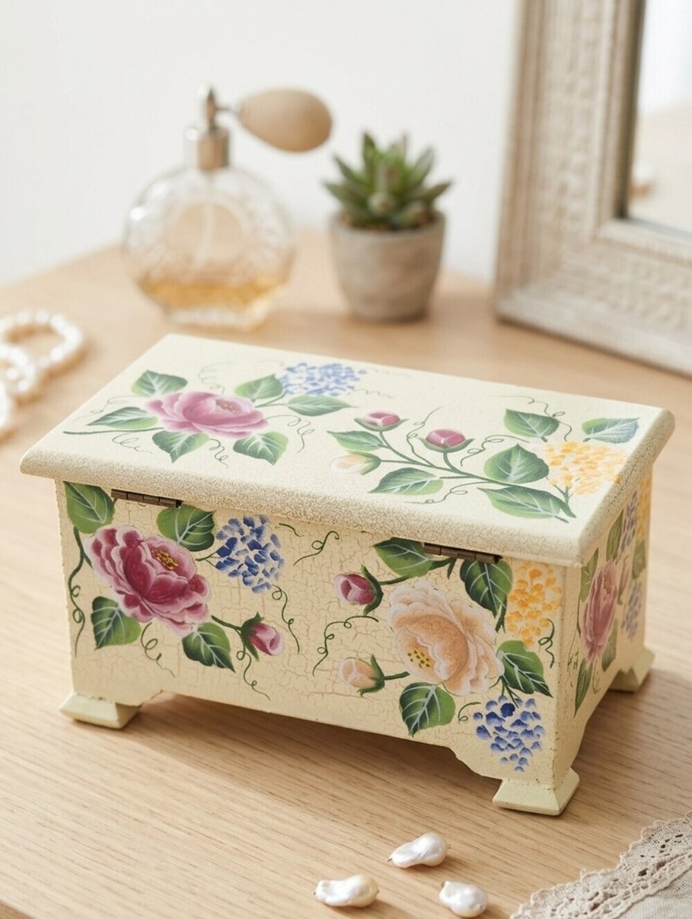 Vintage Floral Hand Painted Wooden Jewelry Box Crackle Finish Shabby Chic Decor